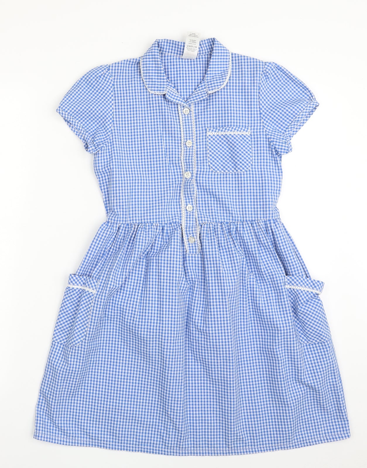 F&F Girls Blue Check Cotton Shirt Dress  Size 9-10 Years  Collared Button - School Wear