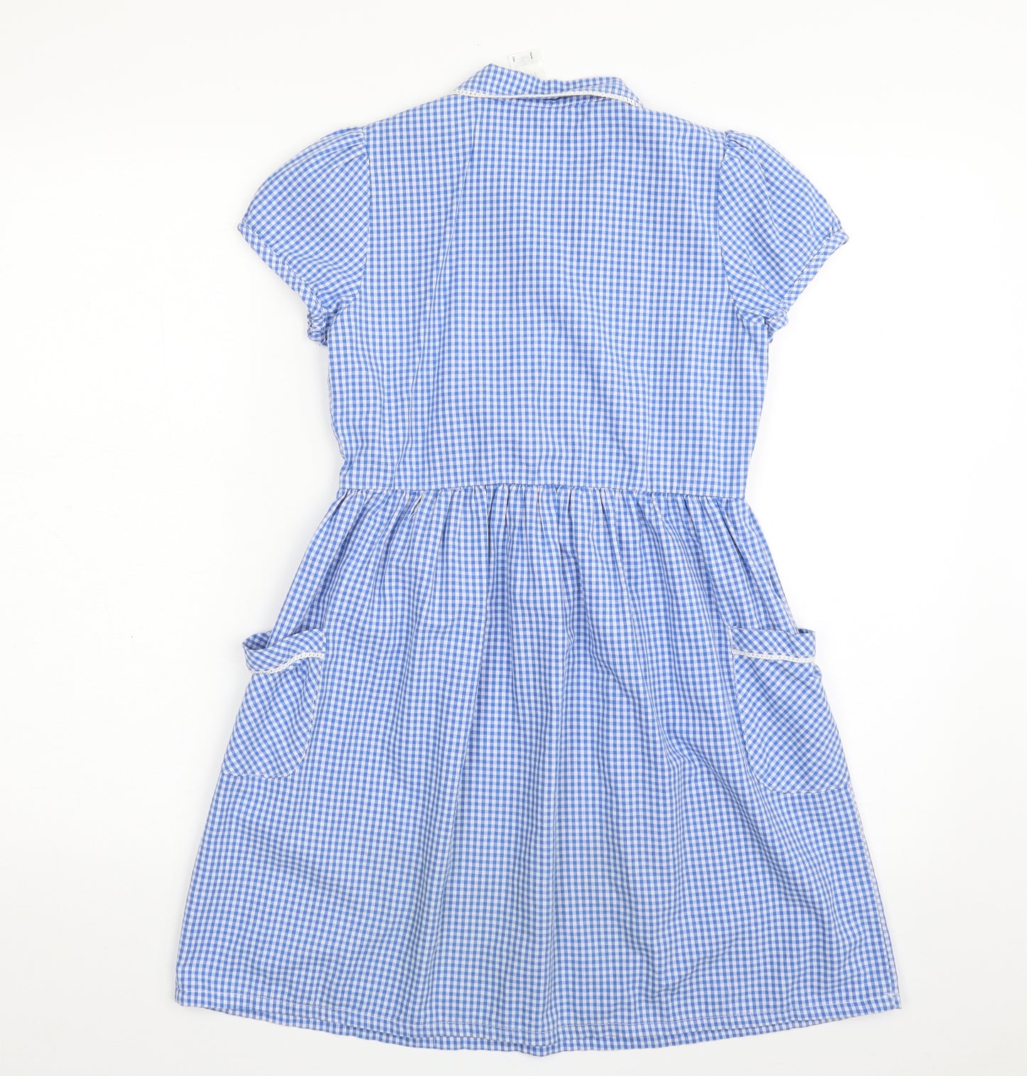 F&F Girls Blue Check Cotton Shirt Dress  Size 9-10 Years  Collared Button - School Wear