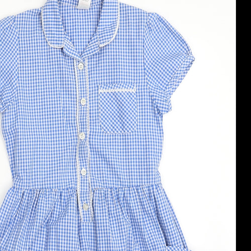 F&F Girls Blue Check Cotton Shirt Dress  Size 9-10 Years  Collared Button - School Wear