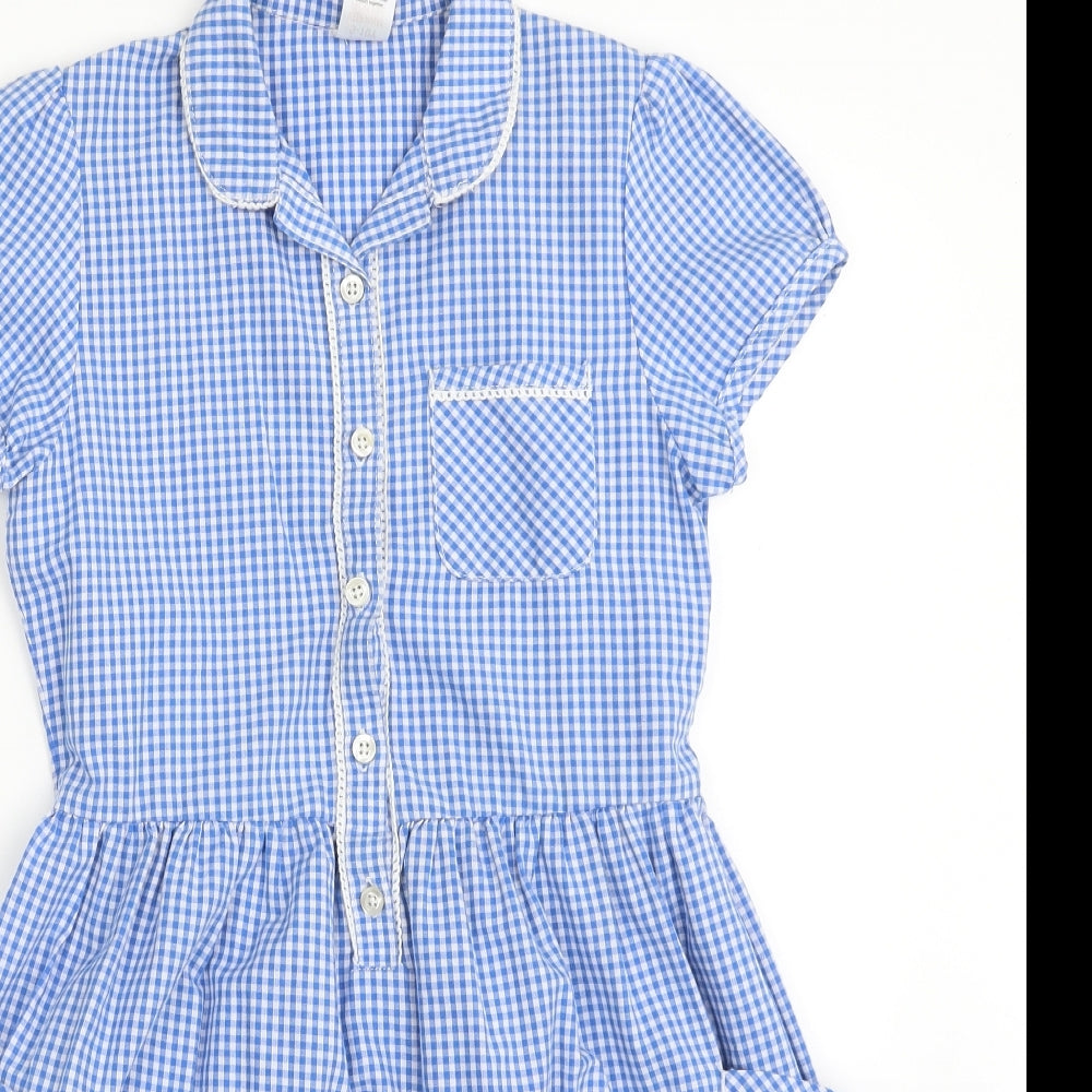 F&F Girls Blue Check Cotton Shirt Dress  Size 9-10 Years  Collared Button - School Wear