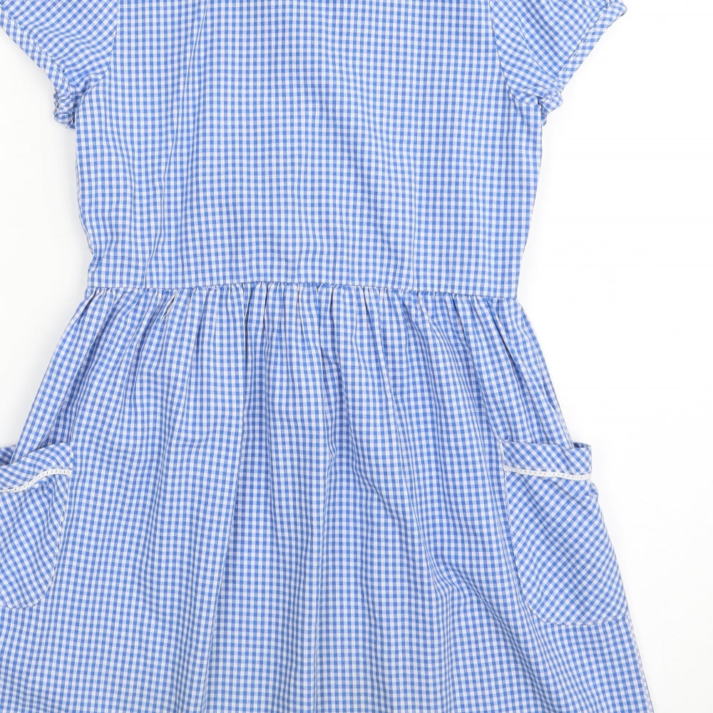 F&F Girls Blue Check Cotton Shirt Dress  Size 9-10 Years  Collared Button - School Wear