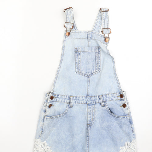 Denim & Co. Girls Blue  100% Cotton Pinafore/Dungaree Dress  Size 11-12 Years  Square Neck Button