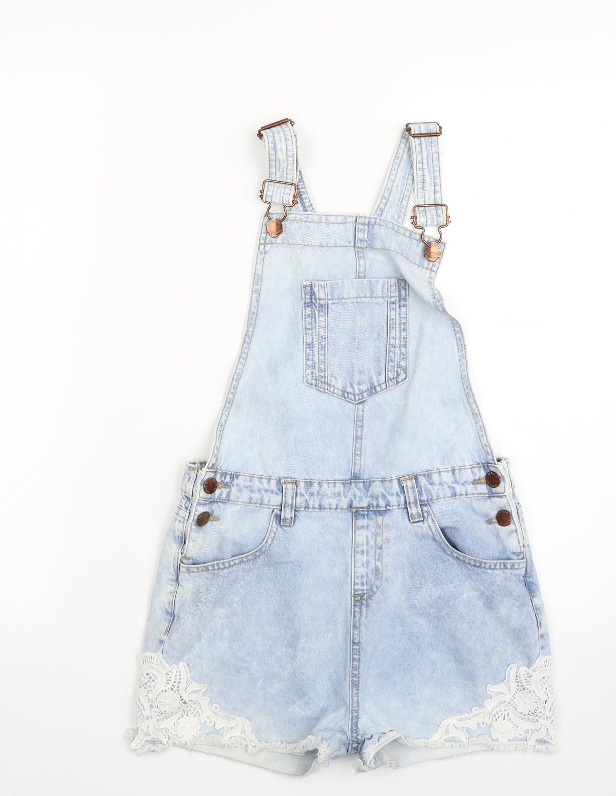 Denim & Co. Girls Blue  100% Cotton Pinafore/Dungaree Dress  Size 11-12 Years  Square Neck Button