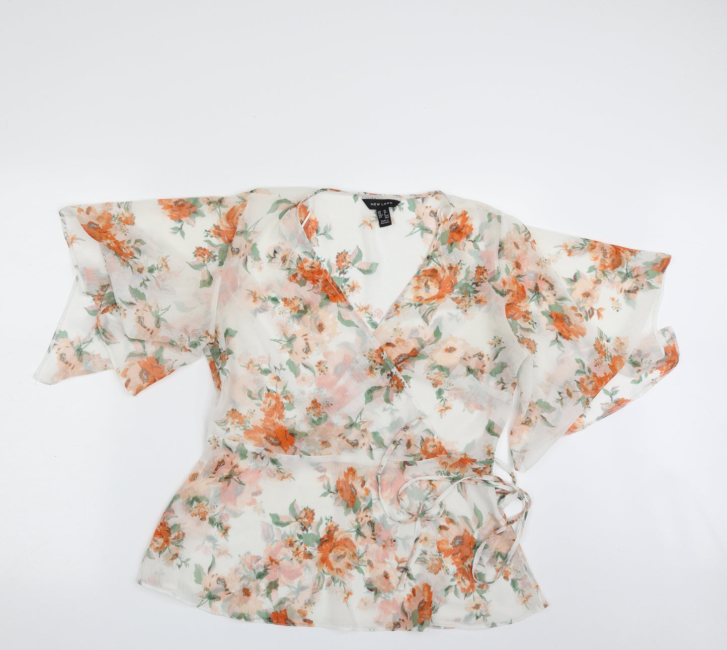 New Look Womens Pink Floral Polyester Wrap Blouse Size 10 V-Neck - Tie
