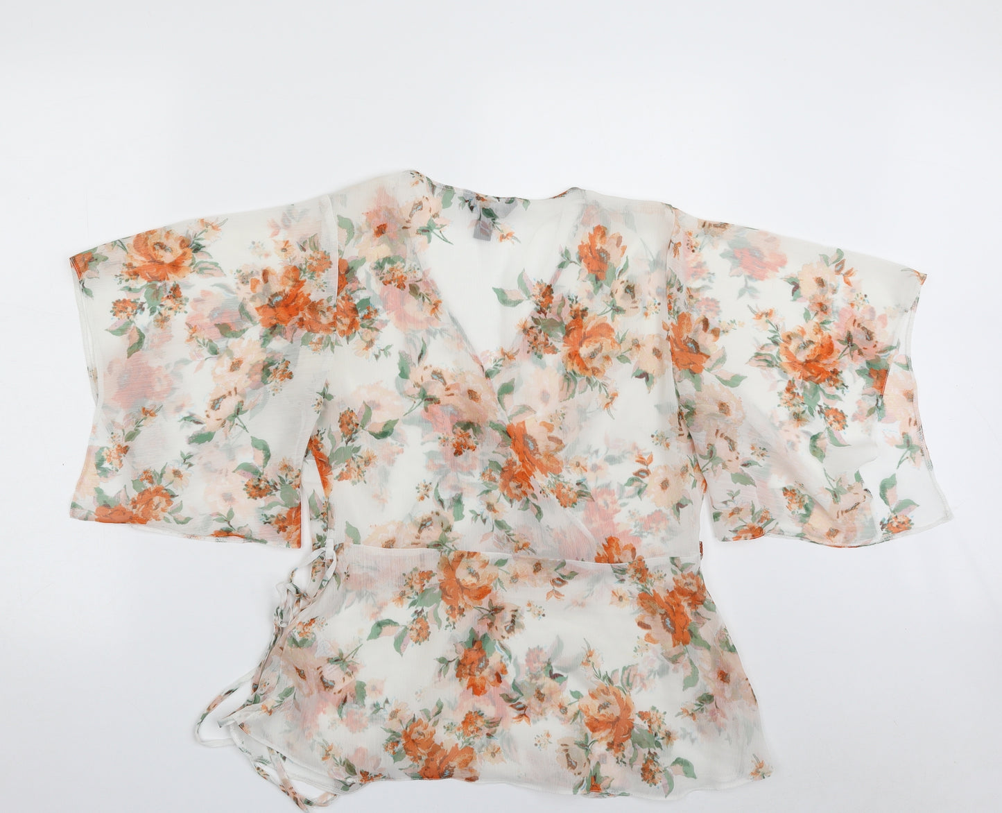 New Look Womens Pink Floral Polyester Wrap Blouse Size 10 V-Neck - Tie