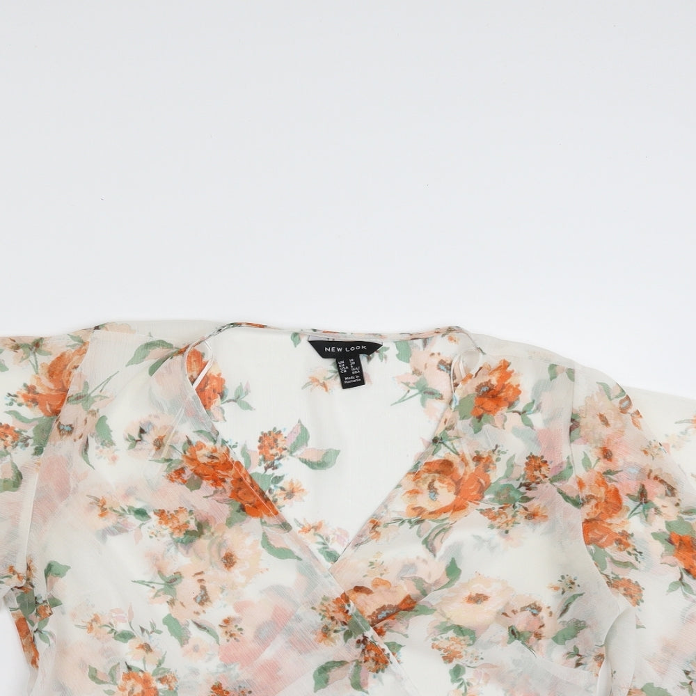 New Look Womens Pink Floral Polyester Wrap Blouse Size 10 V-Neck - Tie