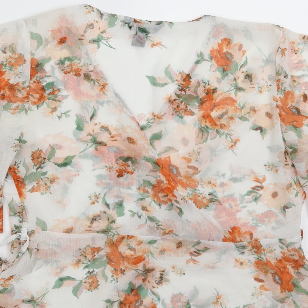New Look Womens Pink Floral Polyester Wrap Blouse Size 10 V-Neck - Tie