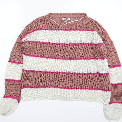 Only Womens Pink Crew Neck Striped Acrylic Pullover Jumper Size M