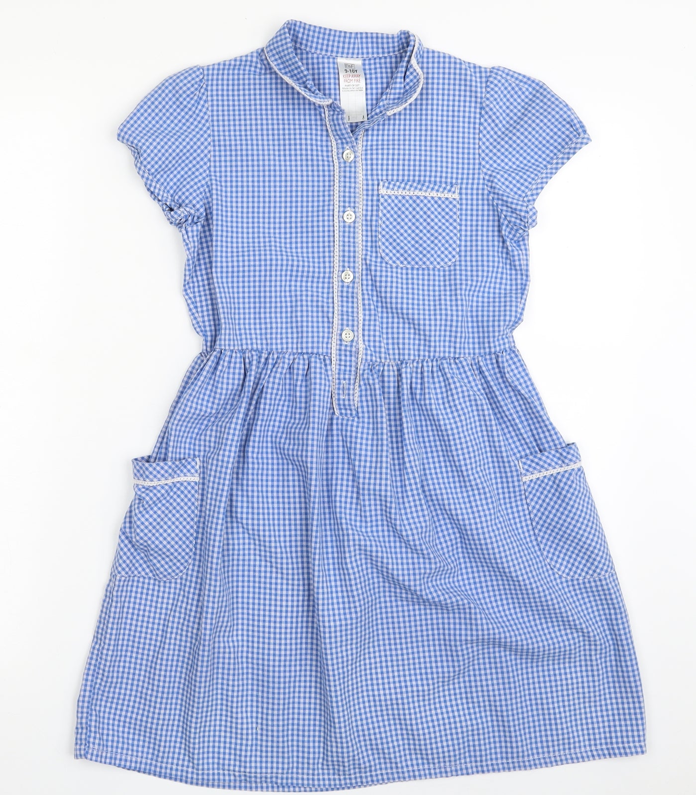 F&F Girls Blue Check Cotton Shirt Dress  Size 9-10 Years  Collared Button - School wear