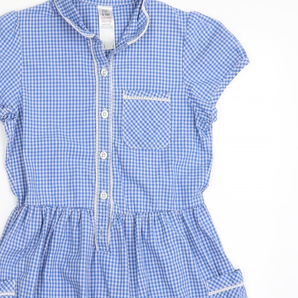 F&F Girls Blue Check Cotton Shirt Dress  Size 9-10 Years  Collared Button - School wear