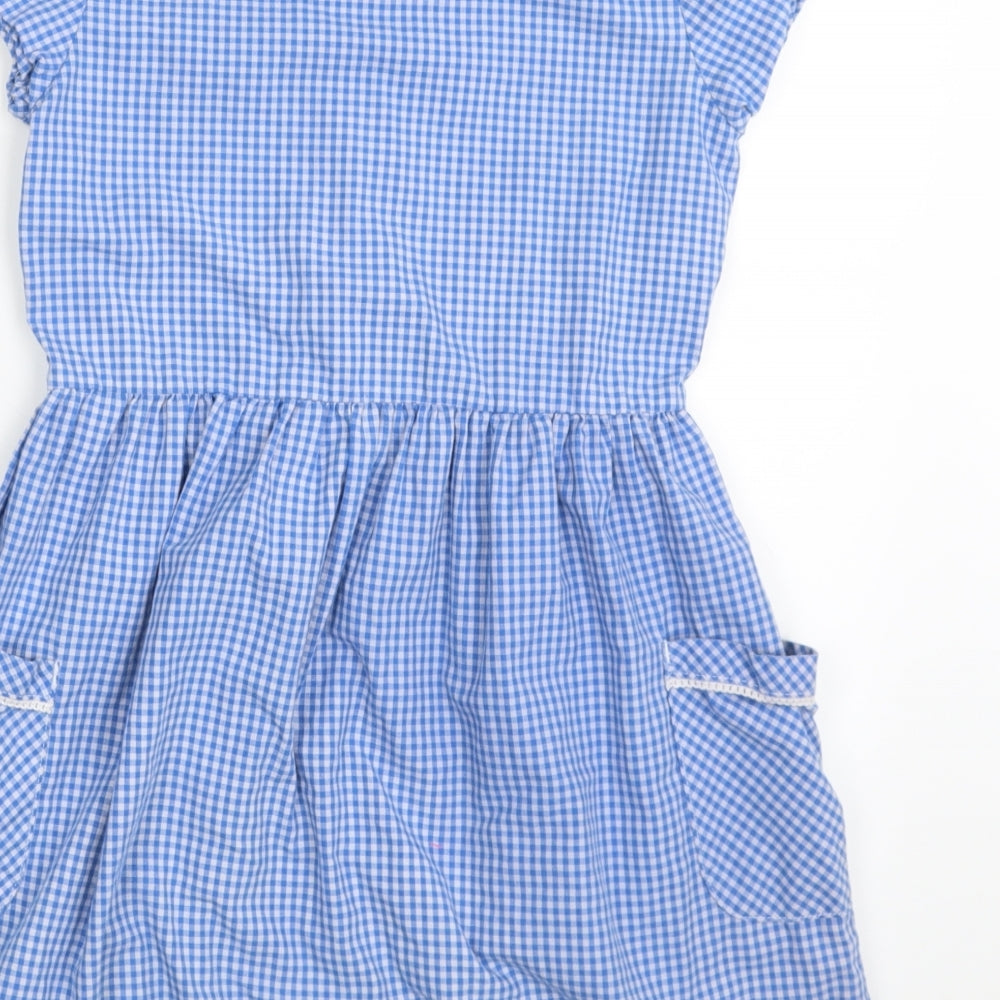 F&F Girls Blue Check Cotton Shirt Dress  Size 9-10 Years  Collared Button - School wear