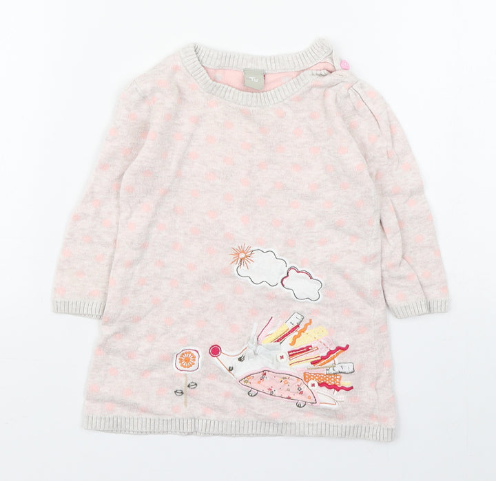 TU Girls Pink Polka Dot 100% Cotton Jumper Dress  Size 6-9 Months  Round Neck Pullover - Hedgehog