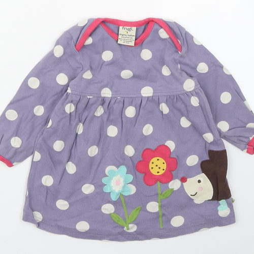 Frugi Girls Purple Polka Dot 100% Cotton A-Line  Size 6-9 Months  Round Neck Pullover - Hedgehog