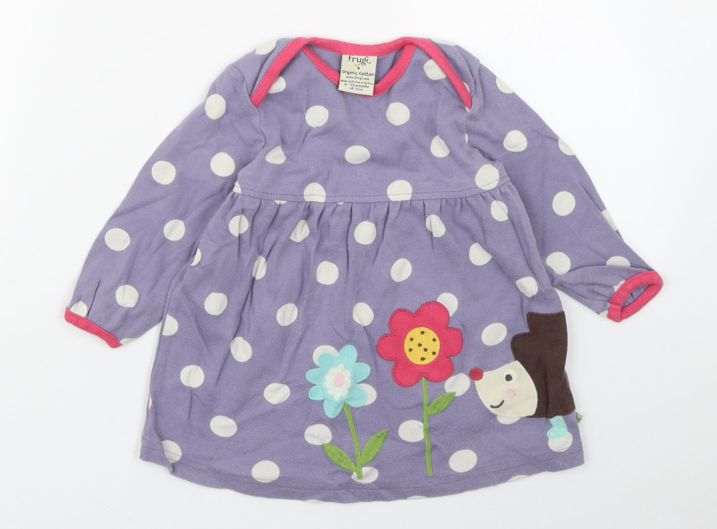 Frugi Girls Purple Polka Dot 100% Cotton A-Line  Size 6-9 Months  Round Neck Pullover - Hedgehog