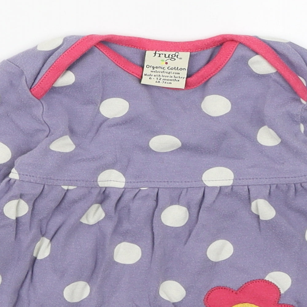 Frugi Girls Purple Polka Dot 100% Cotton A-Line  Size 6-9 Months  Round Neck Pullover - Hedgehog