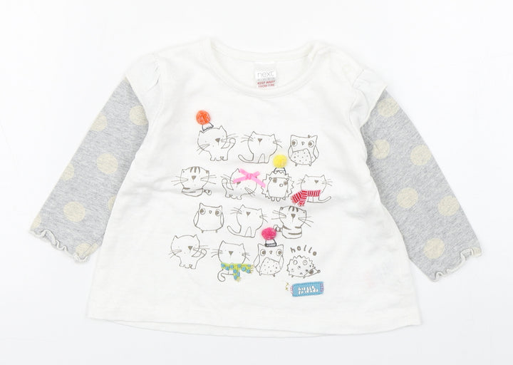 NEXT Girls White  Cotton Basic T-Shirt Size 6-9 Months Round Neck Pullover - Cats