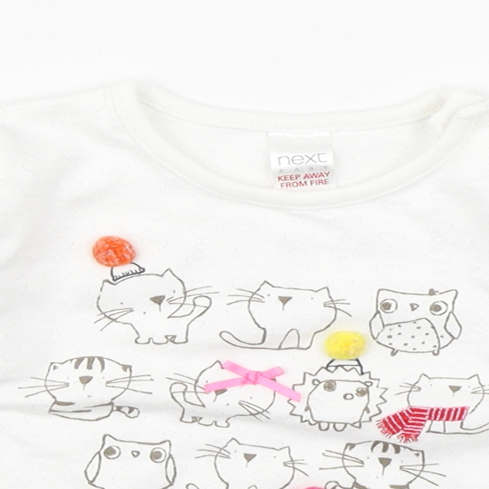 NEXT Girls White  Cotton Basic T-Shirt Size 6-9 Months Round Neck Pullover - Cats
