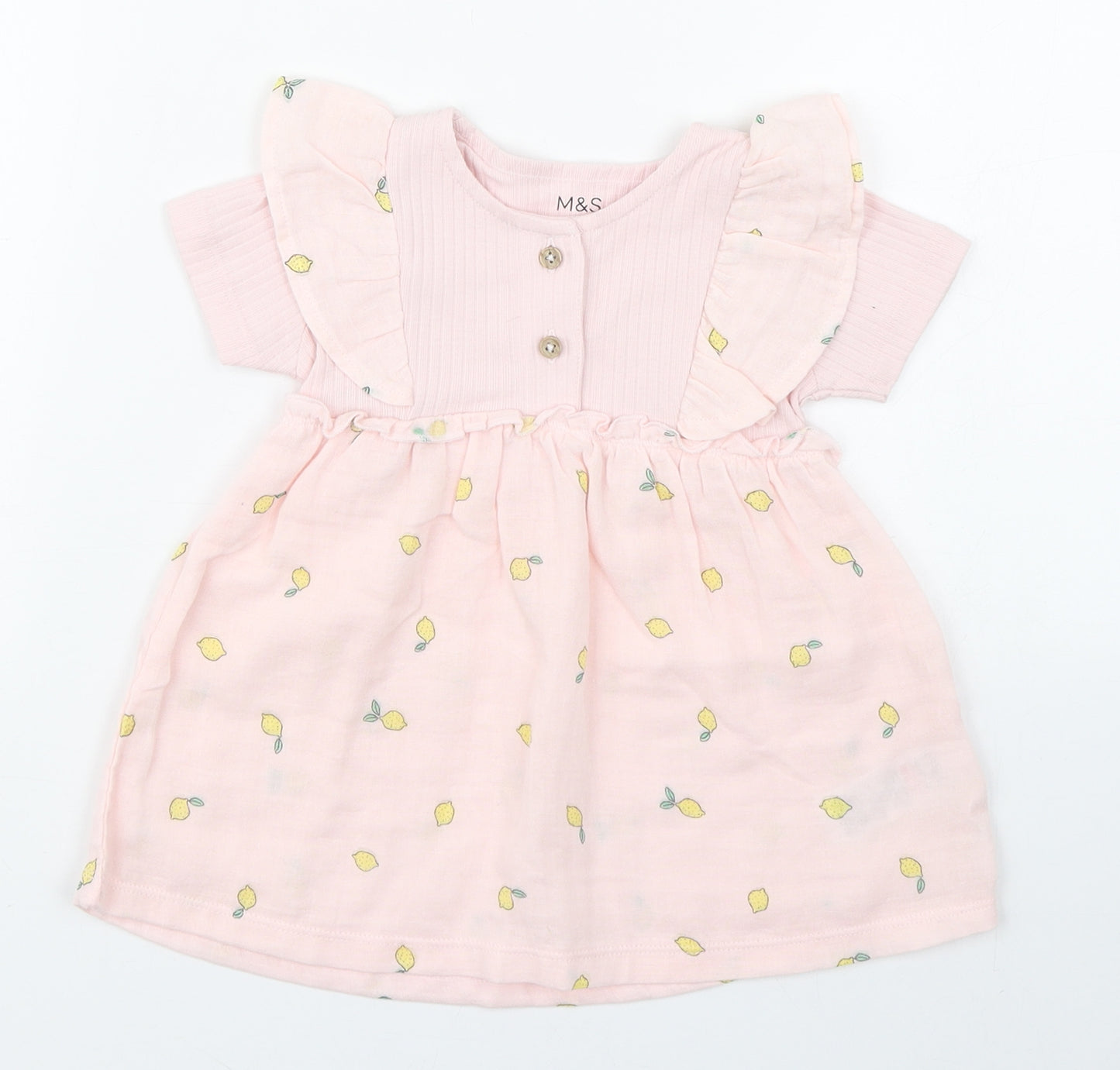 Marks and Spencer Girls Pink Geometric 100% Cotton Skater Dress  Size 3-6 Months  Round Neck Button - Lemon