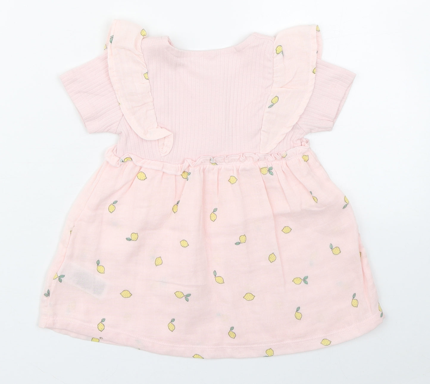 Marks and Spencer Girls Pink Geometric 100% Cotton Skater Dress  Size 3-6 Months  Round Neck Button - Lemon
