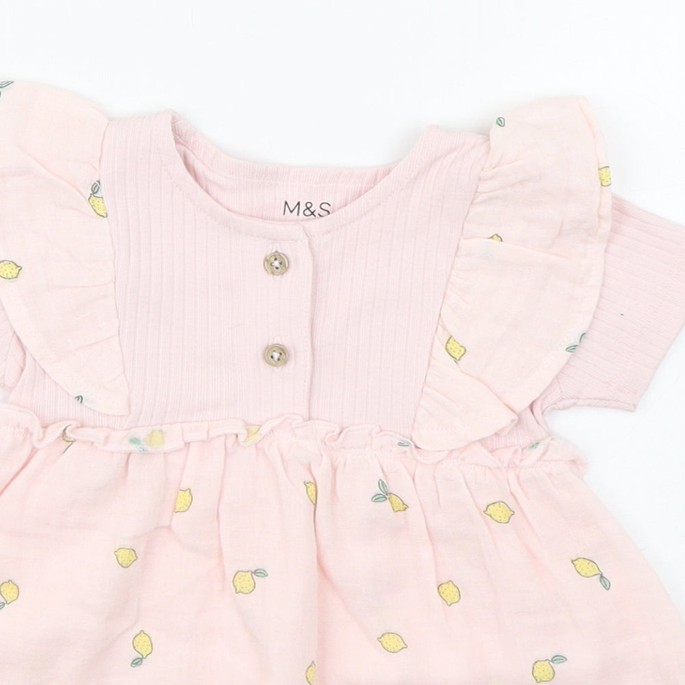 Marks and Spencer Girls Pink Geometric 100% Cotton Skater Dress  Size 3-6 Months  Round Neck Button - Lemon