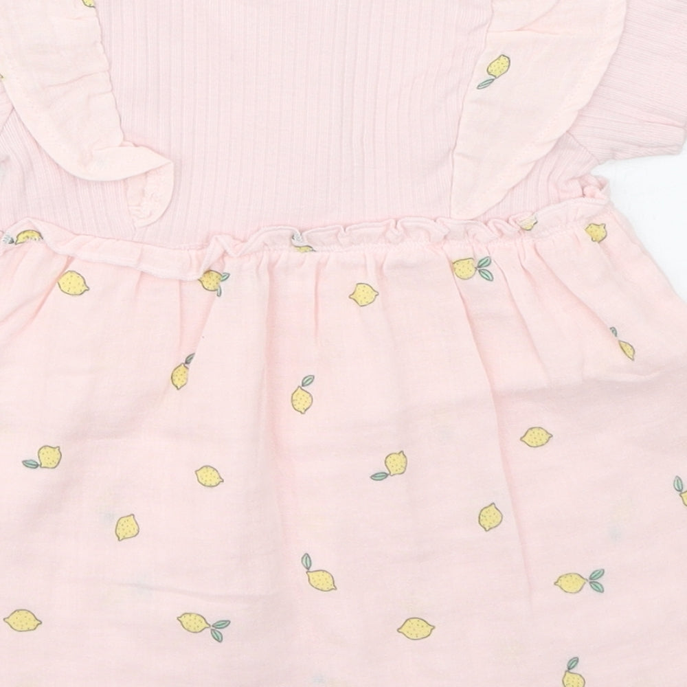 Marks and Spencer Girls Pink Geometric 100% Cotton Skater Dress  Size 3-6 Months  Round Neck Button - Lemon
