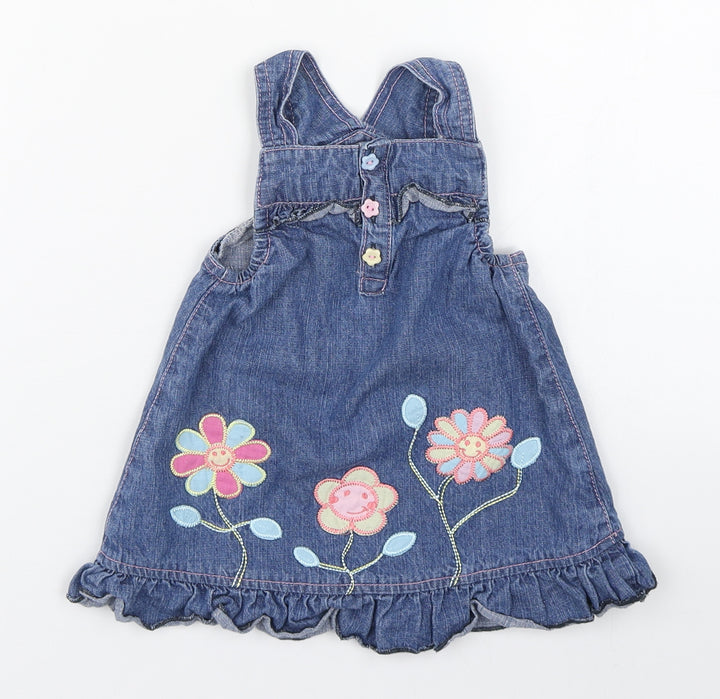 St Bernard Girls Blue 100% Cotton Pinafore/Dungaree Dress Size 6-9 Months Square Neck Button - Flower