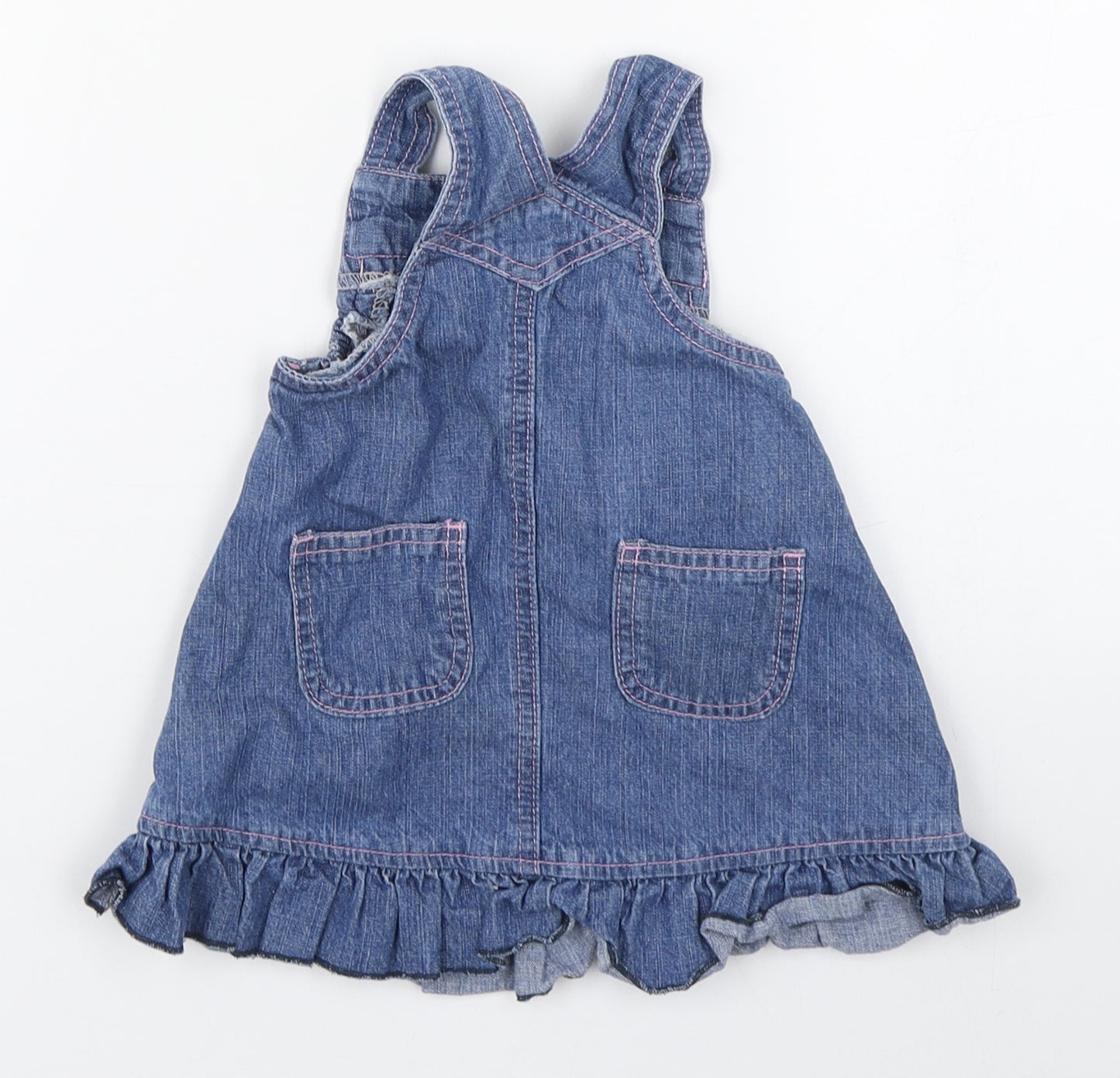 St Bernard  Girls Blue  100% Cotton Pinafore/Dungaree Dress  Size 6-9 Months  Square Neck Button - Flower