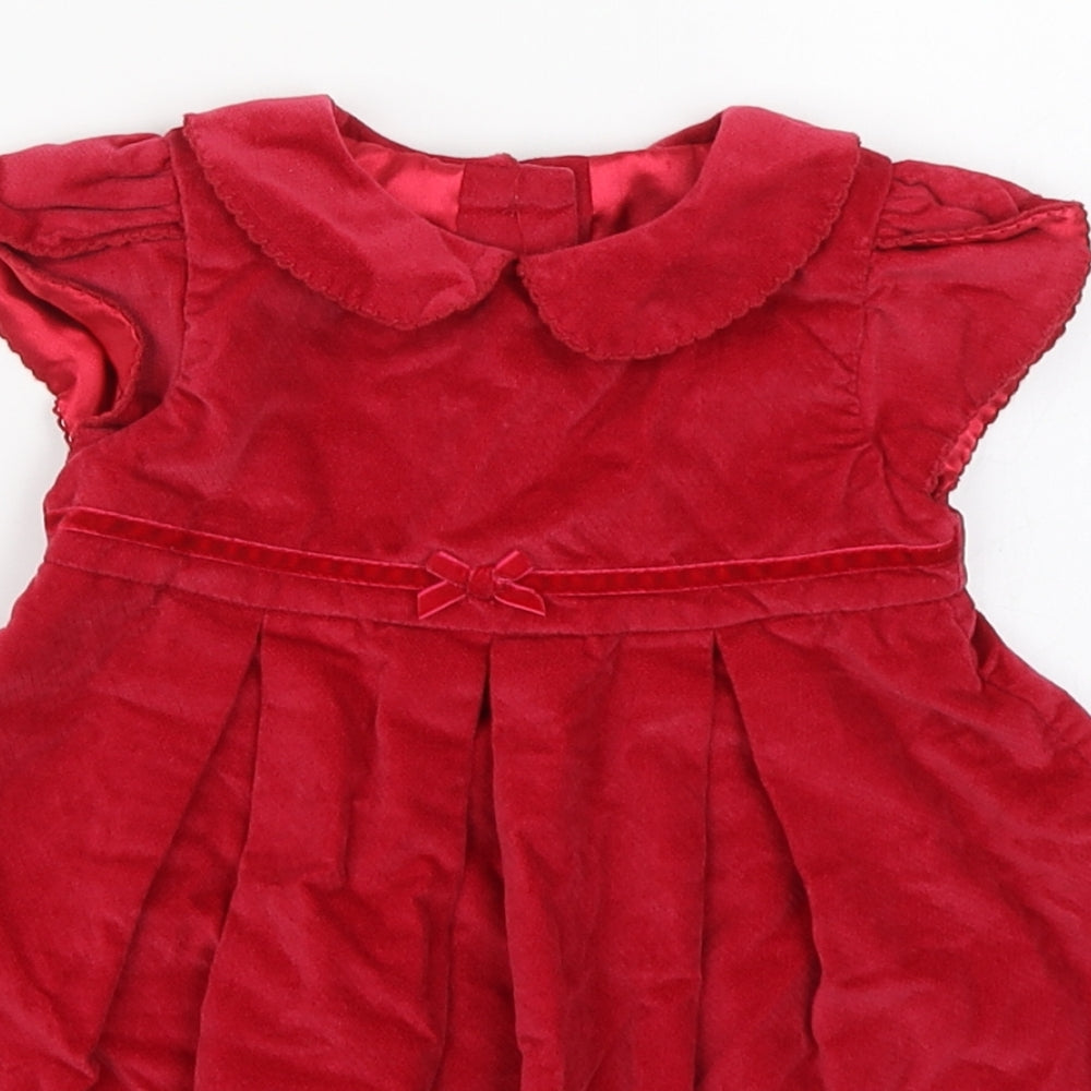 Mothercare Girls Red  Cotton Fit & Flare  Size 6-9 Months  Collared Button