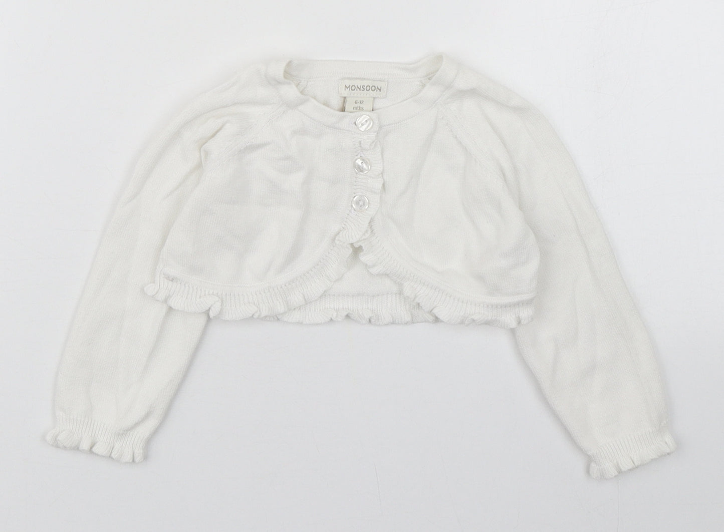 Monsoon Girls White  100% Cotton Cardigan Jumper Size 6-9 Months  Button