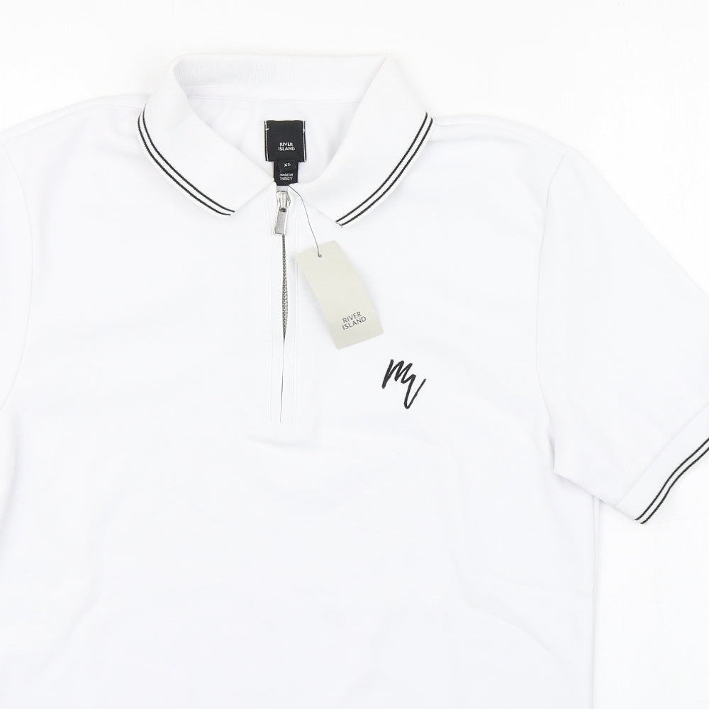 River Island Mens White  Polyester  Polo Size XS Collared Zip
