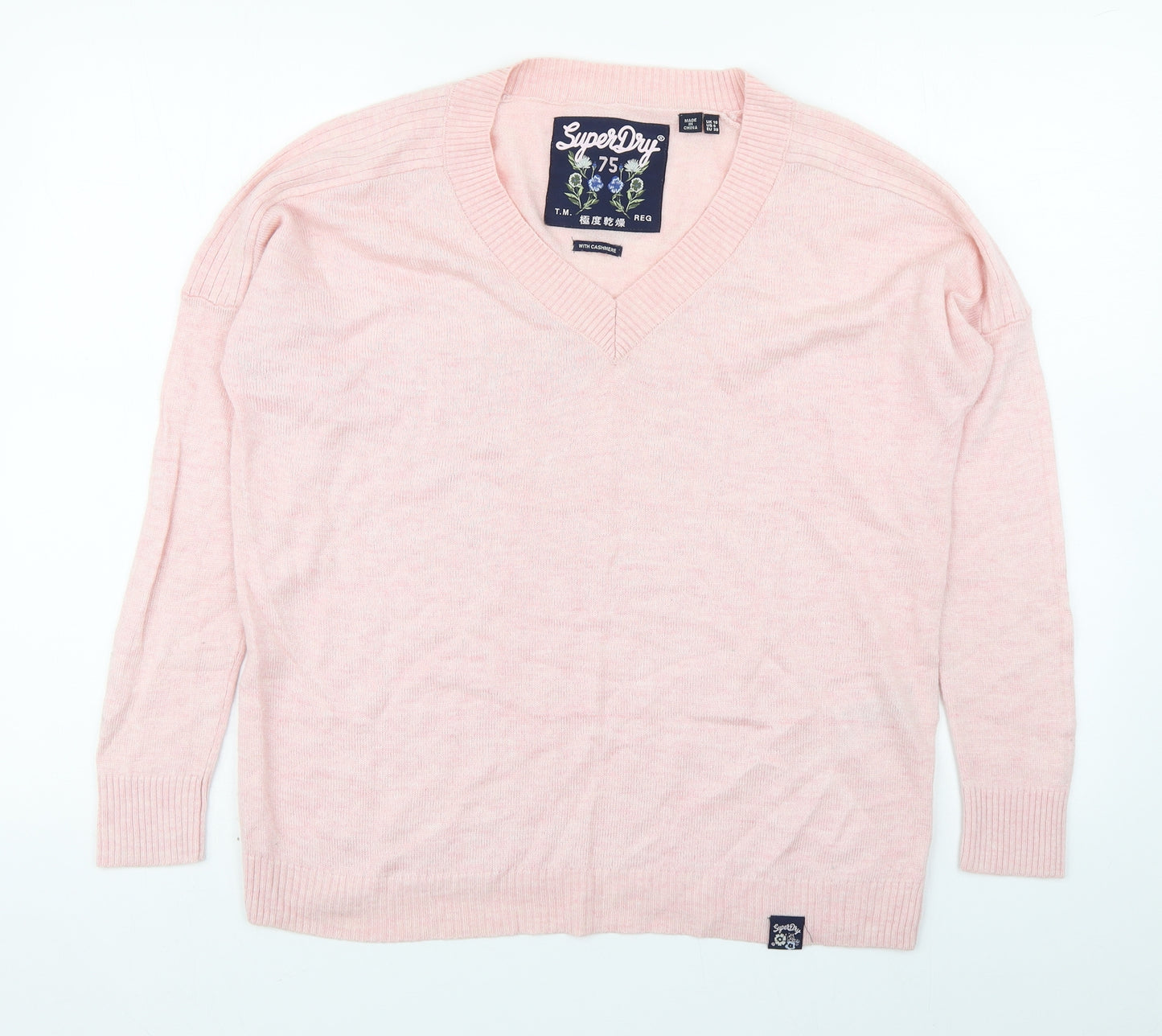 Superdry Womens Pink V-Neck  Wool Pullover Jumper Size 10