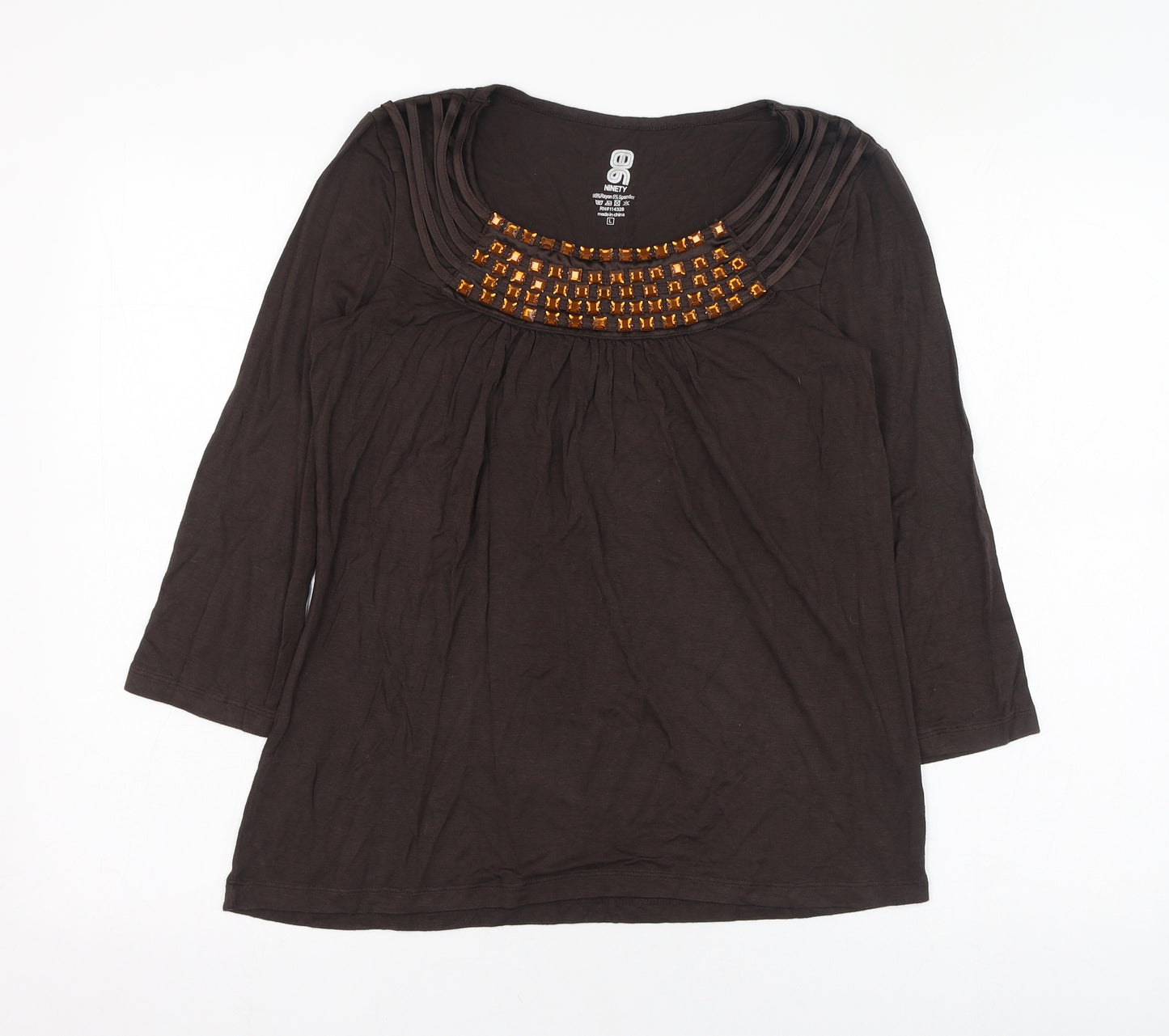 Ninety Womens Brown  Viscose Basic Blouse Size L Round Neck