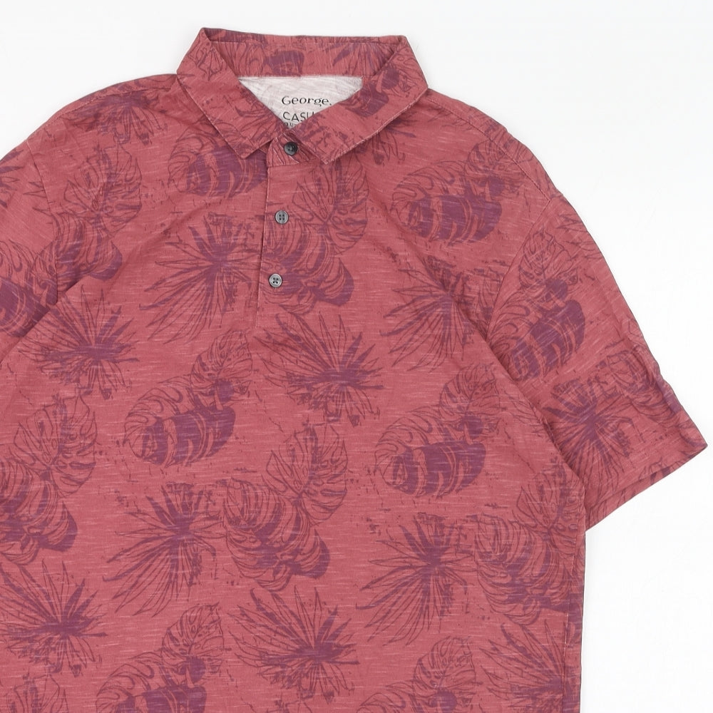 George Mens Red Floral Cotton  Polo Size M Collared Pullover