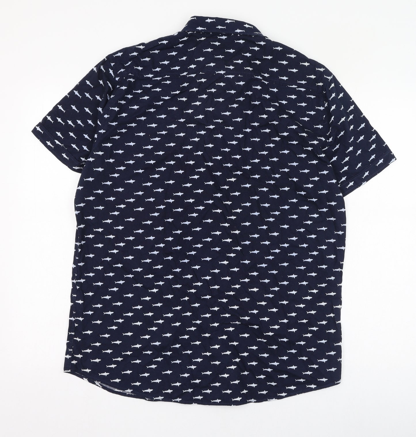 George Mens Blue  Cotton  Button-Up Size M Collared Button - Shark