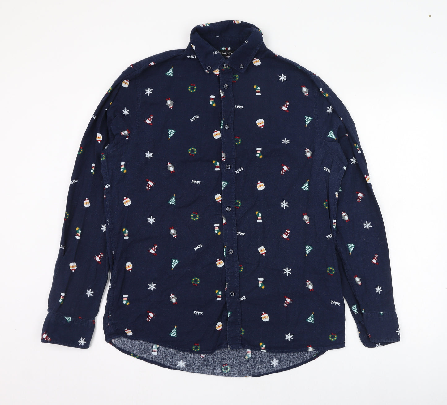 Livergy Mens Blue  Cotton  Button-Up Size M Collared Button - Christmas