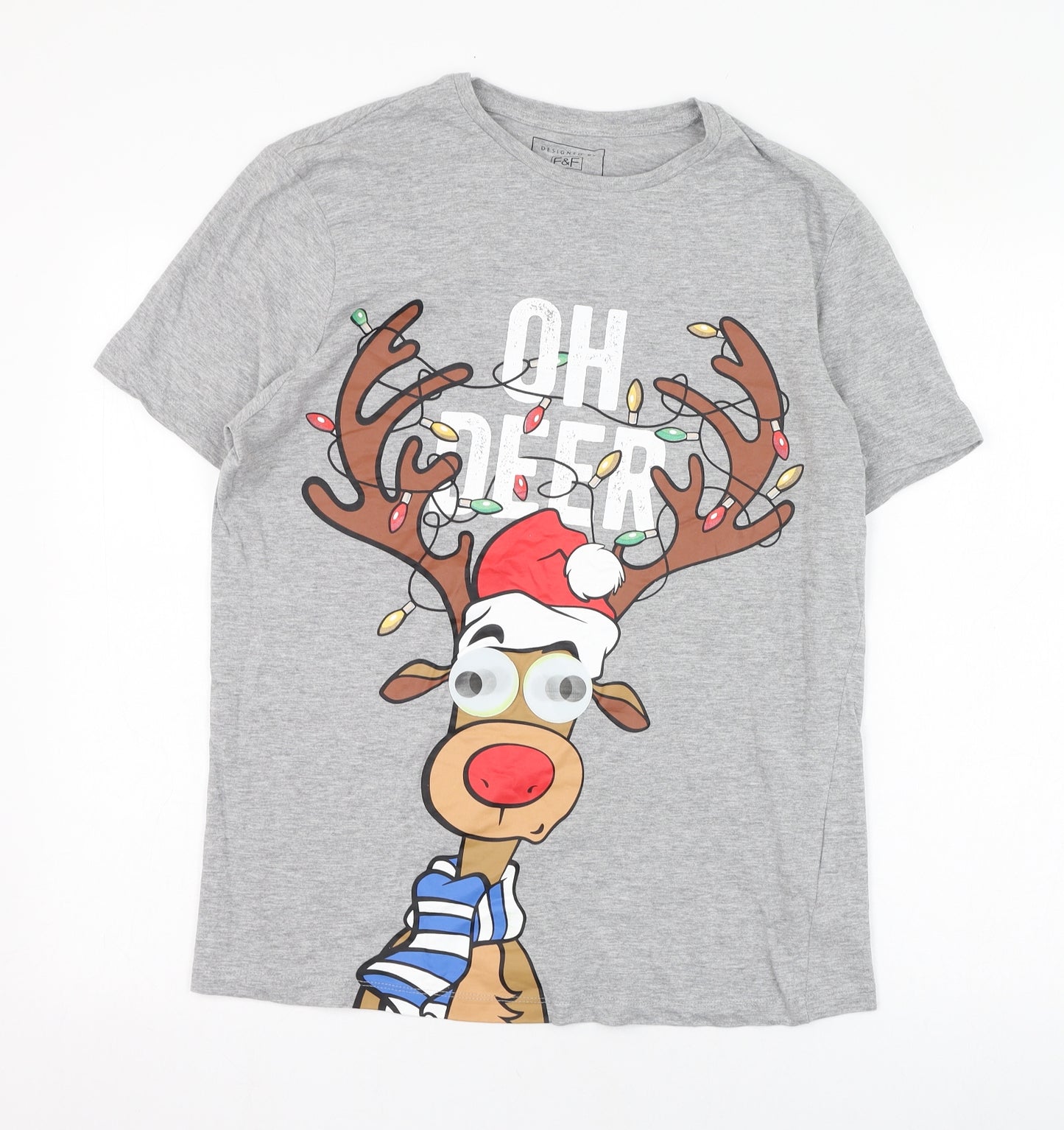 F&F Mens Grey  Cotton  T-Shirt Size M Round Neck  - Christmas, Oh deer