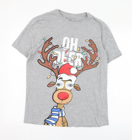 Front view of F&F men’s grey cotton t-shirt, size M, round neck - christmas, oh deer