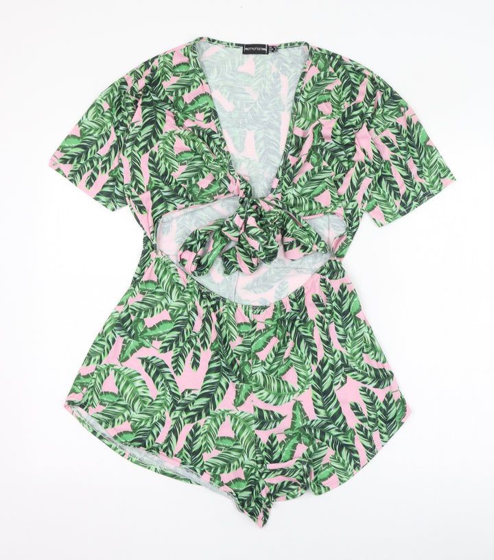 PRETTYLITTLETHING Womens Green Floral Polyester Playsuit One-Piece Size 12 Tie