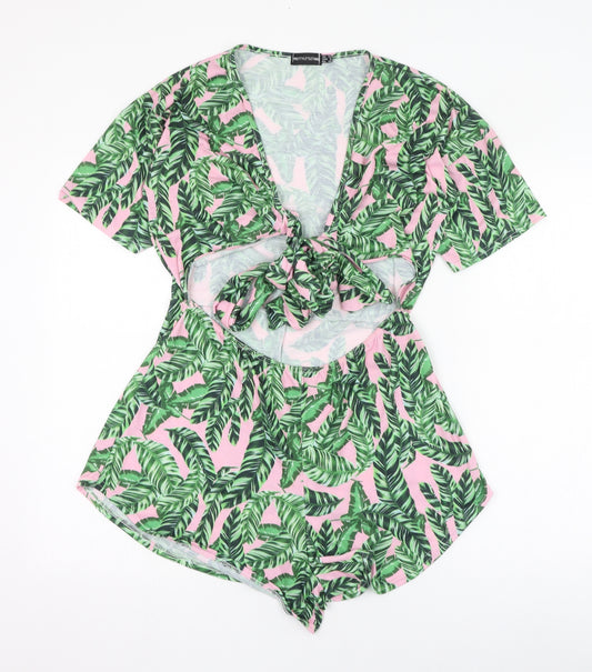 Front view of PRETTYLITTLETHING women’s green floral polyester playsuit one-piece, size UK 12, tie