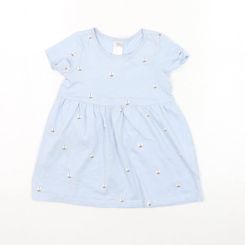 H&M Girls Blue  Cotton Skater Dress  Size 12-18 Months  Round Neck Pullover - Boat