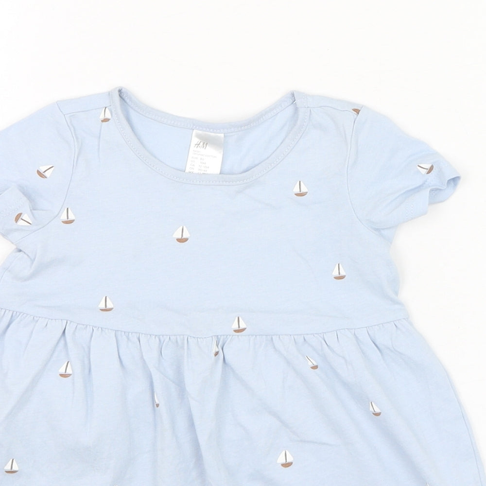 H&M Girls Blue  Cotton Skater Dress  Size 12-18 Months  Round Neck Pullover - Boat