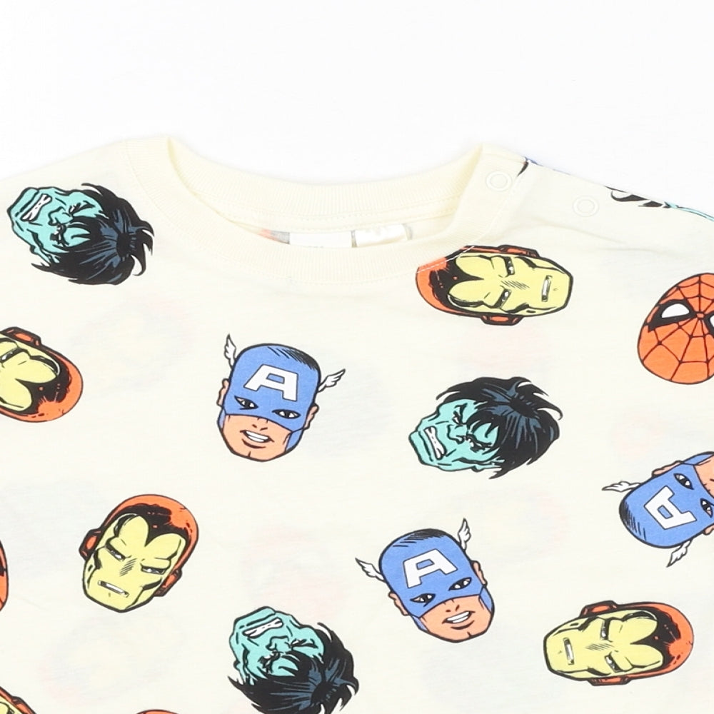 H&M Boys Ivory  Cotton Basic T-Shirt Size 12-18 Months Round Neck Pullover - Marvel