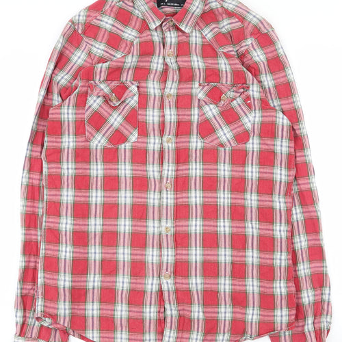 Topman Mens Red Plaid Polyester  Button-Up Size L Collared Button
