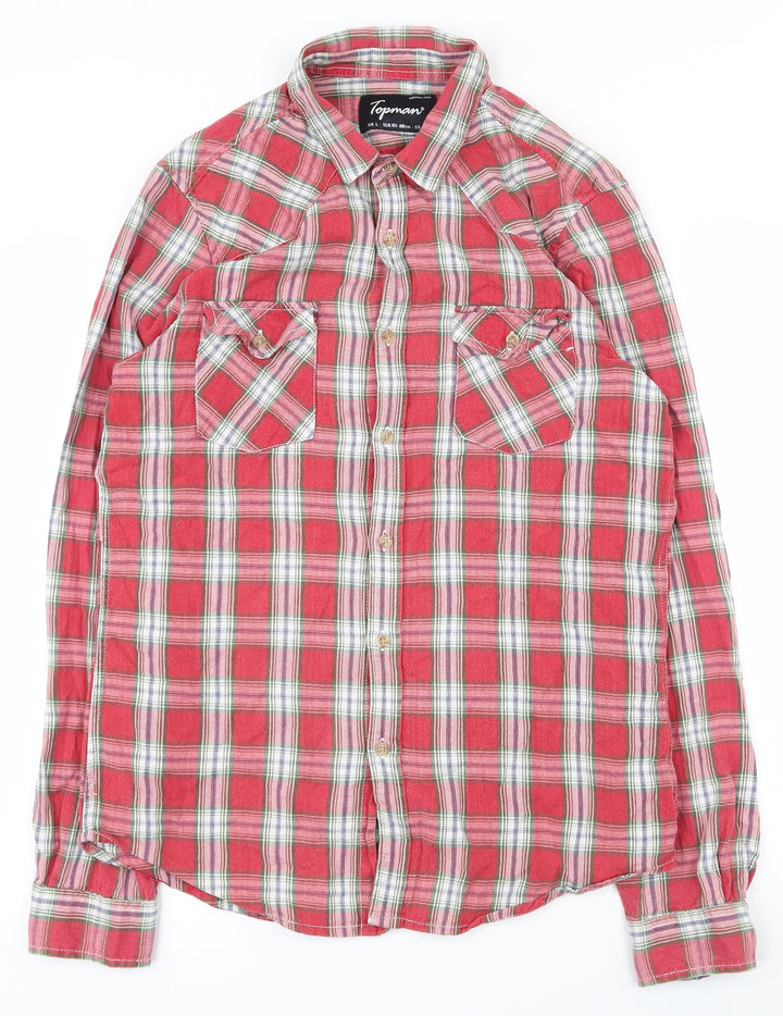 Topman Mens Red Plaid Polyester Button-Up Size L Collared Button