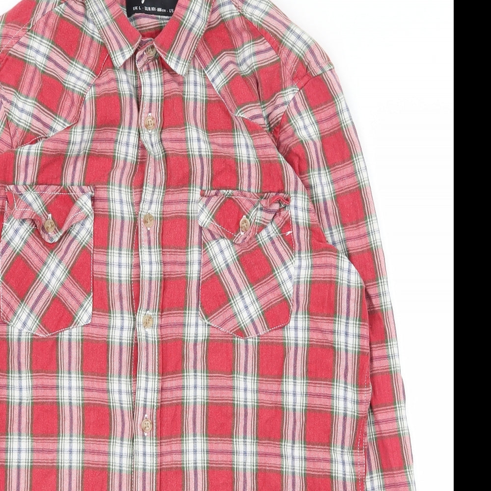 Topman Mens Red Plaid Polyester  Button-Up Size L Collared Button