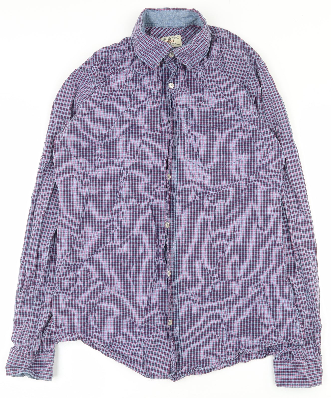 NEXT Mens Blue Plaid Cotton  Button-Up Size S Collared Button