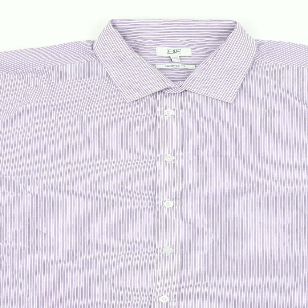 F&F Mens Purple Striped Polyester  Button-Up Size 18.5 Collared Button