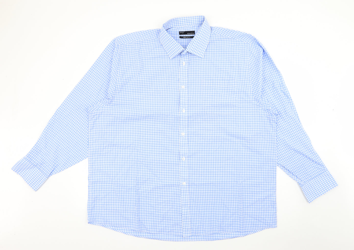 B&W Mens Blue Plaid Polyester  Polo Size 18.5 Collared Button