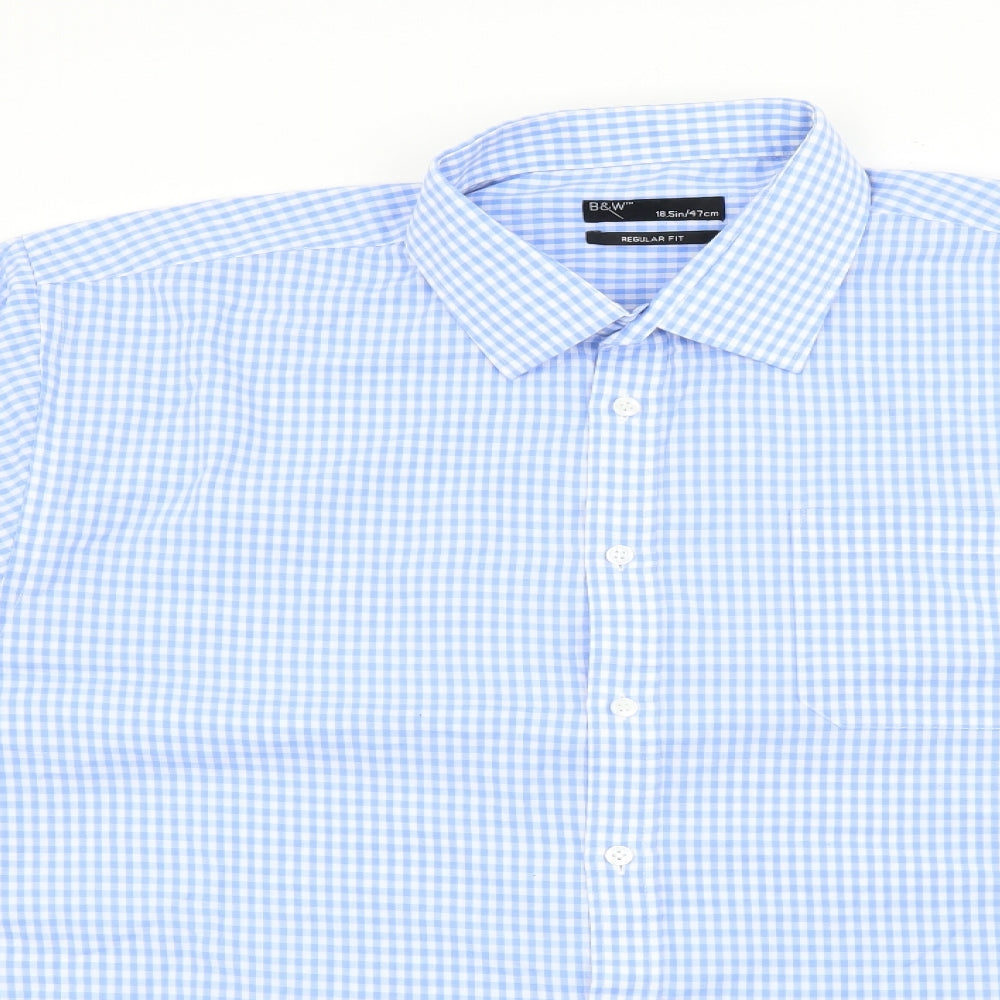 B&W Mens Blue Plaid Polyester  Polo Size 18.5 Collared Button