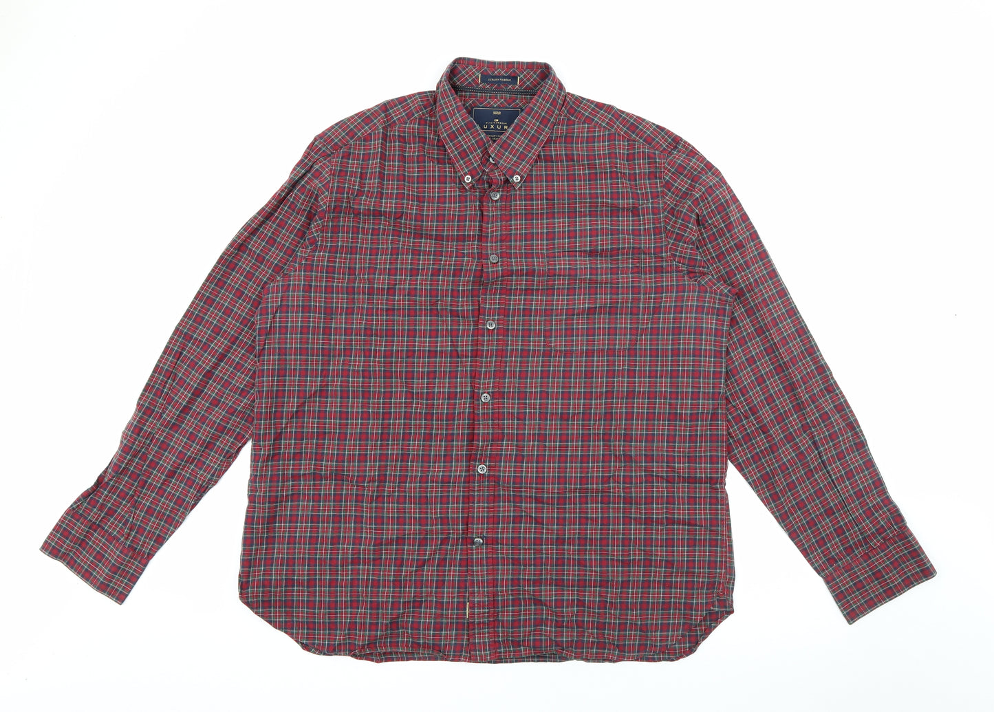 Marks and Spencer Mens Red Plaid Cotton  Button-Up Size XL Collared Button